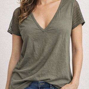 Emma & Sam Womens Olive Green V Neck Top Mesh Short Sleeves Casual Blouse